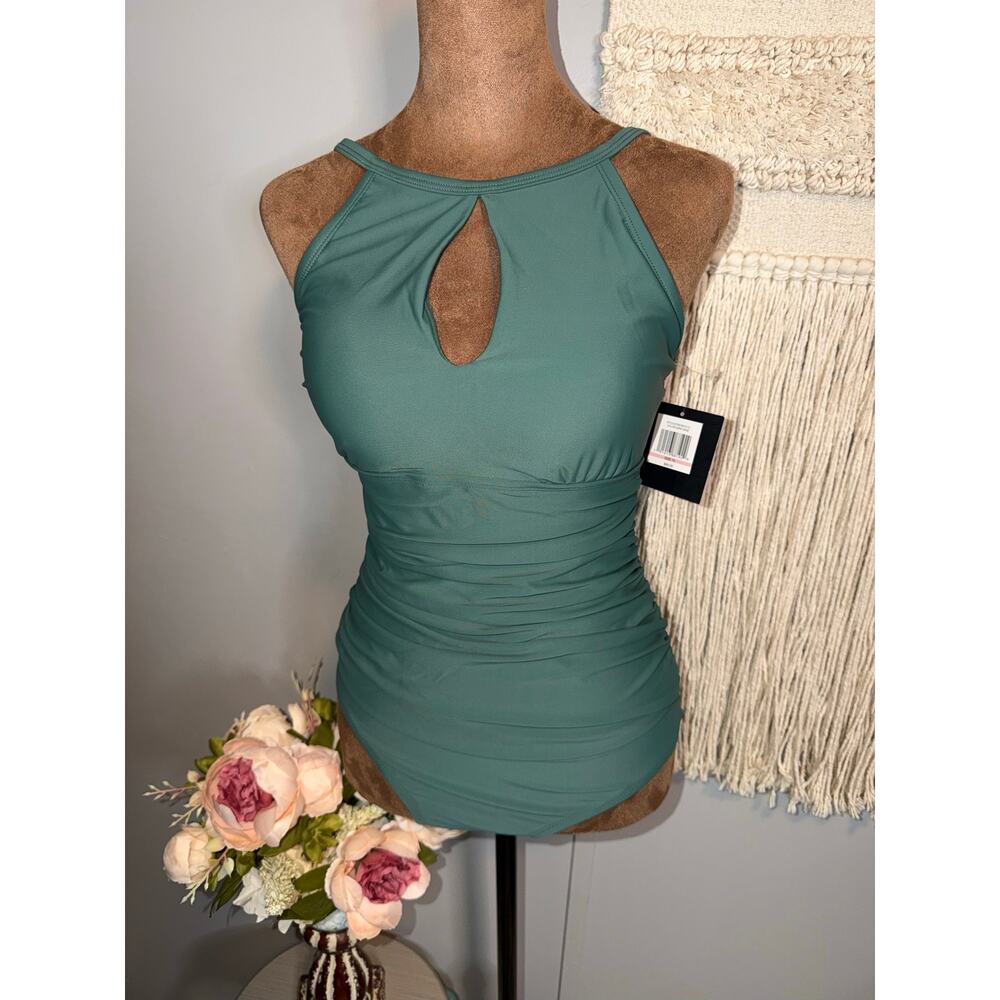 Ellen Tracy One Piece Swimsuit Dark Sage Ruched Keyhole High Neck 10 NWT $88